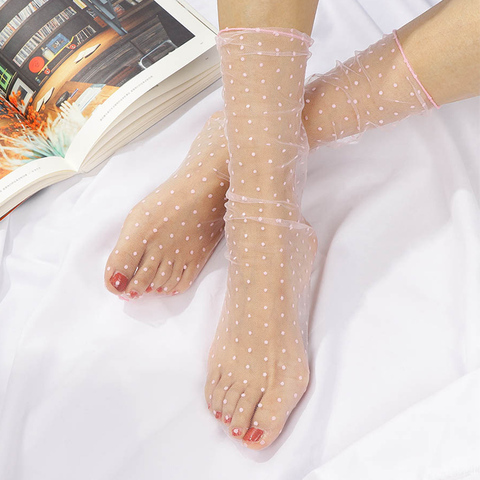 1 paire Sexy Dot dentelle chaussettes femmes maille transparente cheville chaussettes dames Ultra-mince princesse Tulle chaussettes femme Meias ► Photo 1/6