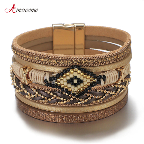 Amorcome Miyuki mauvais oeil en cuir Bracelets pour femme mode dames bohème large Bracelet à breloques fête bijoux cadeau ► Photo 1/6