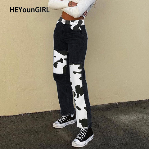 HEYounGIRL – jean Patchwork noir imprimé vache pour femme, pantalon taille haute, décontracté, streetwear, Harajuku des années 90, Y2K ► Photo 1/6