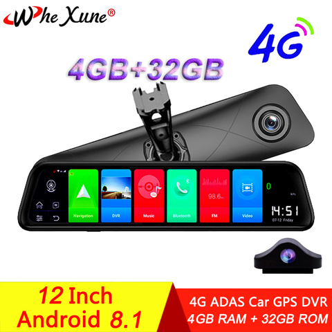 WHEXUNE – caméra de tableau de bord avec rétroviseur, 4 go + 32 go, 12 pouces, enregistreur vidéo de conduite, 4G, Android 8.1, GPS, WiFi, Full HD ► Photo 1/6