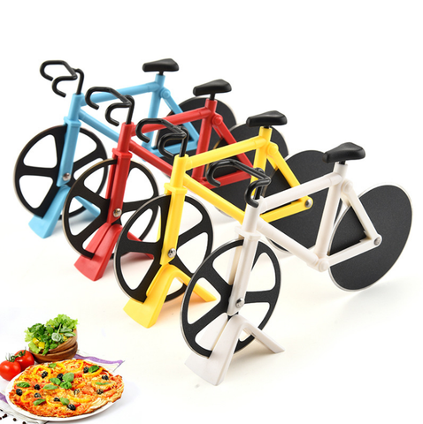 Nouveau Design en acier inoxydable couteau à Pizza deux roues vélo forme Pizza couteau de coupe Pizza outil vélo rond Pizza Cutter couteaux ► Photo 1/5