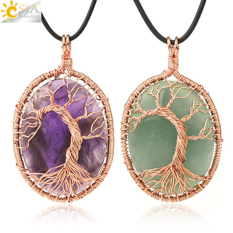 CSJA – pendentif en pierre naturelle, enroulé de fil, arbre de vie, Cabochon en cristal en forme d'œuf, artisanat fait à la main, collier pour femmes et hommes G198 ► Photo 1/6