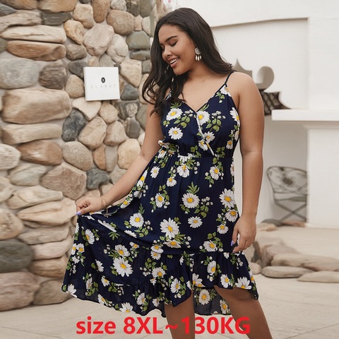 Robe bohème en mousseline de soie, grande taille 6XL 7XL 8XL, col en V, sans manches, à fleurs, ample, décontractée, grande robe de plage ► Photo 1/6