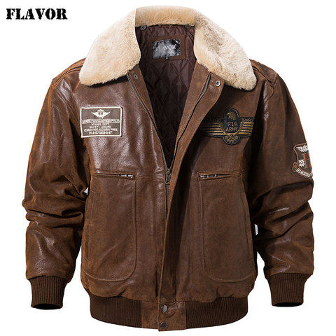 Blouson d'hiver chaud en cuir véritable homme, avec col en fourrure amovible, saveur ► Photo 1/6