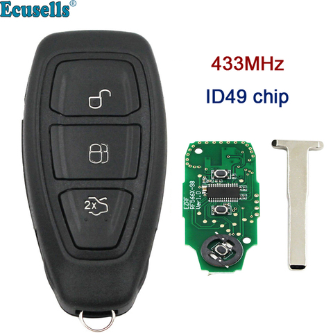 Plein smart Intelligent 3 boutons télécommande porte-clés 433MHz avec puce ID49 pour Ford Kuga Fiesta 2016 + avec clé d'urgence KR5876268 ► Photo 1/6