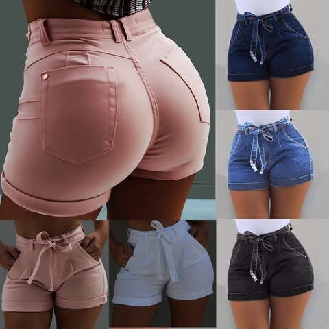 Short en jean délavé pour femmes, slim, ceinture, taille haute, poches, Denim ► Photo 1/5