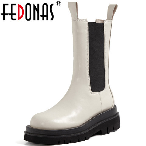 FEDONAS Ins 2022 en cuir véritable bottes chaudes femmes neige mode bande élastique épais velours talons hauts pompes boîte de nuit chaussures femme ► Photo 1/6