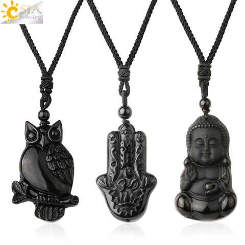 CSJA obsidienne collier pierre naturelle Yoga bouddha Sculpture arbre de vie Animal hibou hommes colliers pendentif méditation bijoux G644 ► Photo 1/6