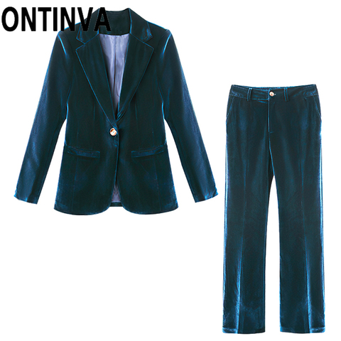 Costume deux pièces Blazer et pantalon en velours pour femme, tenue de bureau, manteau avec poche, violet, bleu foncé, grande taille 4XL, automne hiver ► Photo 1/6