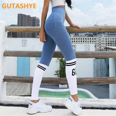 Dames Yoga pantalon rayé lettres sans couture jambes cravate pêche hanche Yoga pantalon sport taille haute pleine longueur Fitness Leggings Fitness ► Photo 1/6