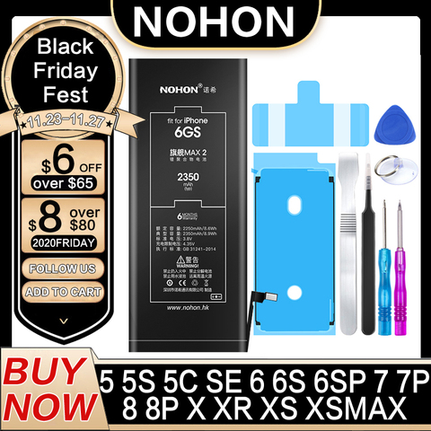 NOHON Batterie Pour iPhone 6S 7 6 8 plus iPhone X SE 2022 SE2 5 5S 5C XR XS MAX iPhone6s iPhone7 Haute Capacité Remplacement Bateria ► Photo 1/6