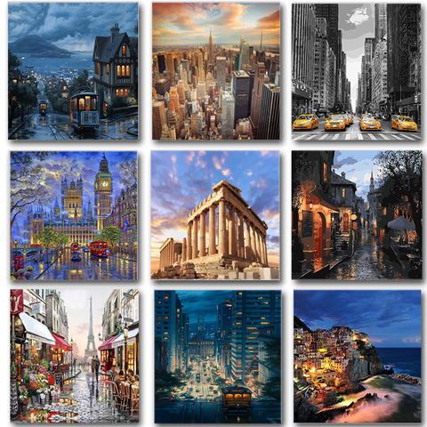 Ville paysage peinture par numéros pour adultes Kits de bricolage peint à la main sur toile avec huile encadrée photo dessin coloriage par numéro ► Photo 1/6