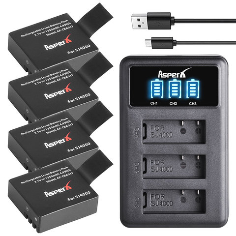 Batterie pour SJ4000 PG1050, 4 pièces, LED, 3 fentes, chargeur USB, pour SJCAM SJ4000 SJ5000 EKEN M10 4K H3 H8 H9 GIT-LB101 GIT, PG900 ► Photo 1/6