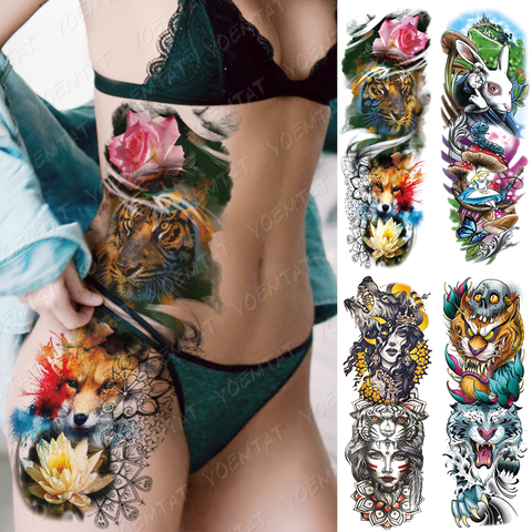 Grand bras manches tatouage tigre renard Lotus imperméable temporaire Tatto autocollant Alice au pays des merveilles Art corporel complet faux Tatoo femmes ► Photo 1/6