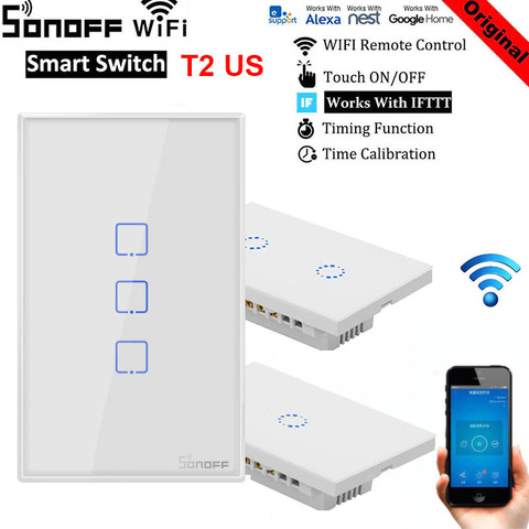 Sonoff – interrupteur mural intelligent T1/T2 US, wi-fi/433 RF/APP, pour luminaire, fonctionne avec Alexa google Home mini ► Photo 1/6