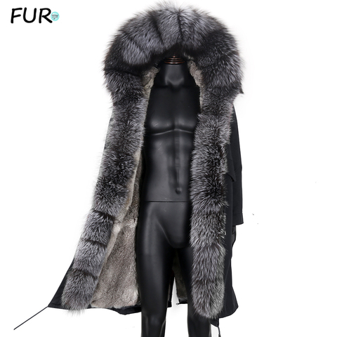 Veste longue en vraie fourrure de renard pour homme, Parka noire et grise, très tendance, hiver S-7XL ► Photo 1/6