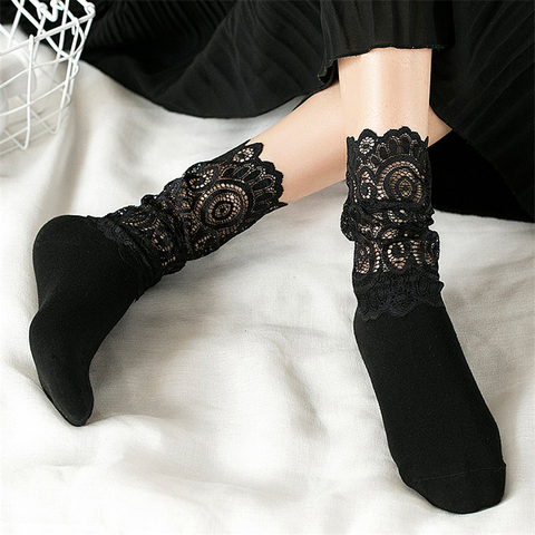 Sexy dentelle florale maille chaussettes femmes noir Transparent court coton chaussette pour dames élastique rétro mignon chaussettes femme nouveau ► Photo 1/1