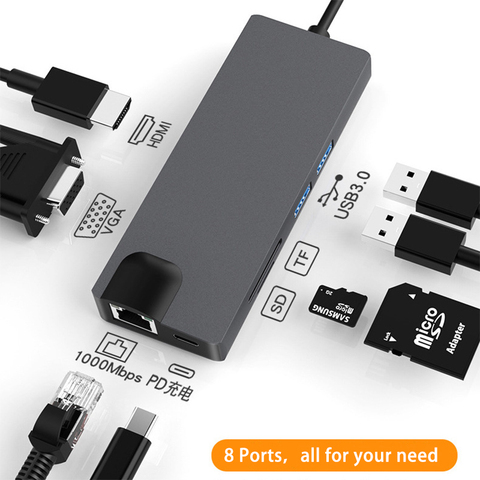 8 en 1 Type C Hub USB C vers HDMI-compatible HDTV VGA USB 3.0 SD/TF lecteur RJ45 1000M USB-C alimentation pour MacBook Pro adaptateur ► Photo 1/6
