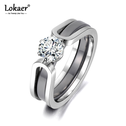 Lokaer 2 couches noir/blanc en céramique cristal anneaux de mariage bijoux AAA Zircon acier inoxydable strass fiançailles R18071 ► Photo 1/6