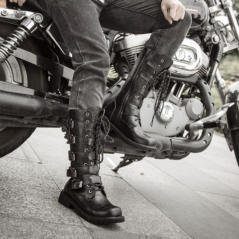 Bottes de moto en cuir pour hommes, bottes de Combat militaires, mi-mollet, à ceinture gothique, chaussures Punk, Rock, tailles 38-46 ► Photo 1/6