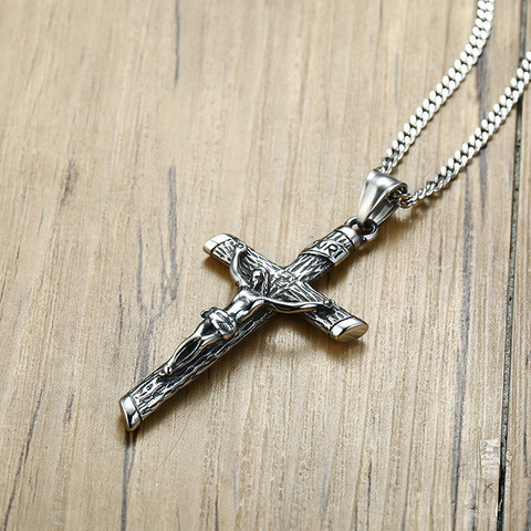 Antique argent Crucifix croix breloques collier pendentif en acier inoxydable Punk bijoux pour hommes mâle jésus chapelet baptême cadeau ► Photo 1/6