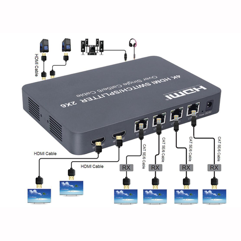 Répartiteur HDMI 4K, 2x6, 1080P, convertisseur Audio-vidéo, 4 Ethernet RJ45, Extension de câble CAT6, 100M, pour ordinateur portable, moniteur TV ► Photo 1/6