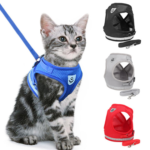 Réfléchissant chat chien réglable harnais gilet marche plomb laisse Nylon maille chaton chiot conduit vêtements pour animaux de compagnie sangle de poitrine ► Photo 1/6