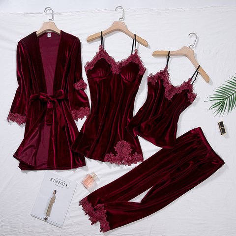 Bordeaux velours pyjama costume femmes 4 pièces Kimono Robe chemise de nuit ensemble vêtements de nuit dame hiver velours chaud dentelle Folwer peignoir Robe ► Photo 1/5