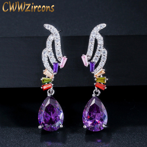 CWWZircons – boucles d'oreilles pendantes en cristal pour femme, bijoux de fête, élégantes, forme goutte d'eau, Zircon cubique violet, CZ596 ► Photo 1/6