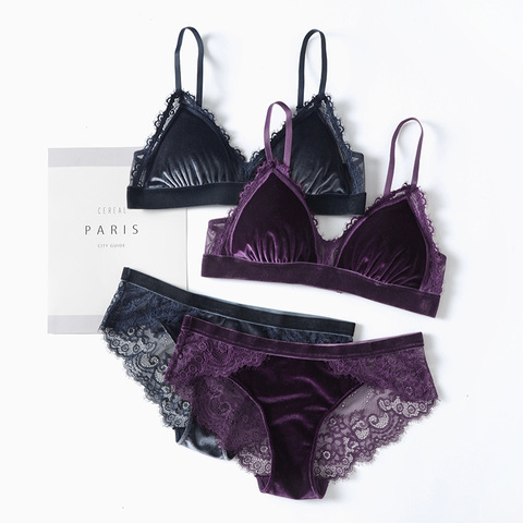 Soutien-gorge Triangle Sexy en velours avec dentelle, maille rembourrée amovible, Lingerie en velours pour femmes, ensemble de sous-vêtements ► Photo 1/6