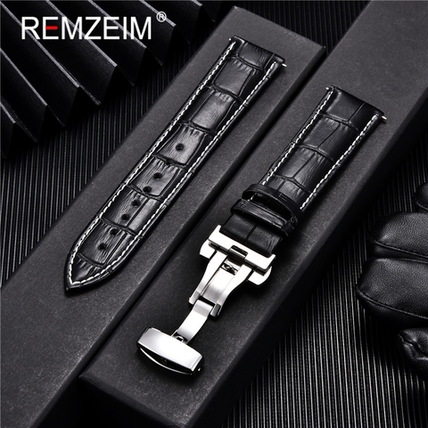 Bracelet de montre en cuir véritable veau hommes femmes remplacer bracelet de montre 18mm 20mm 22mm 24mm avec bracelet de montre à boucle papillon ► Photo 1/6