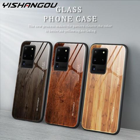 Coque de téléphone en verre de Grain de bois pour Samsung Galaxy A51 A71 S20 Ultra S10 Plus Note 20 10 Lite A50 A70 A30 A20 coque arrière rigide ► Photo 1/6