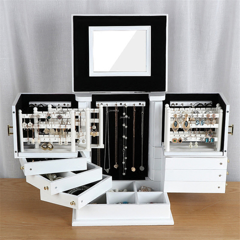 Nouveau en bois boîte à bijoux organisateur grande capacité rétro en bois massif bijoux boucles d'oreilles boîte de rangement maison princesse Style européen corée ► Photo 1/6