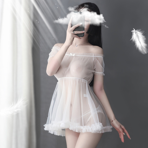 Robe de nuit en mousseline de soie, Lingerie en dentelle transparente, noir et blanc, belle, Sexy, mignonne, princesse, vêtements de nuit, Lolita Kawaii ► Photo 1/6