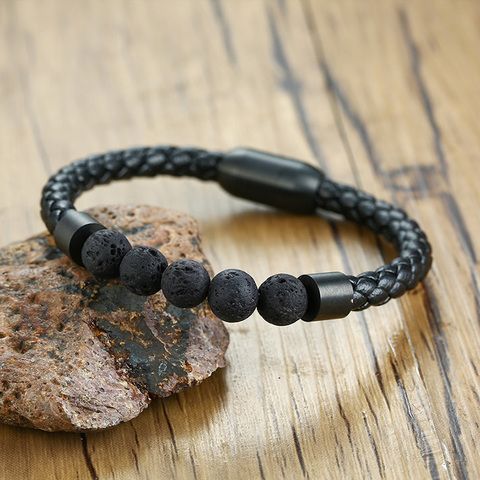 Titane acier homme Chakra bijoux en gros en acier inoxydable hommes en cuir noir volcanique perlé Bracelets en cuir pierre ► Photo 1/6