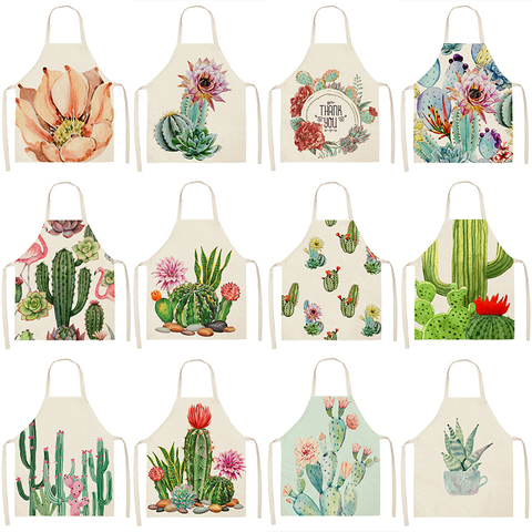 Tablier de cuisine motif Cactus pour femme, sans manches, en coton et lin, bavettes de cuisson à domicile, outils de nettoyage, 53x65cm, 1 pièces, P1013 ► Photo 1/6