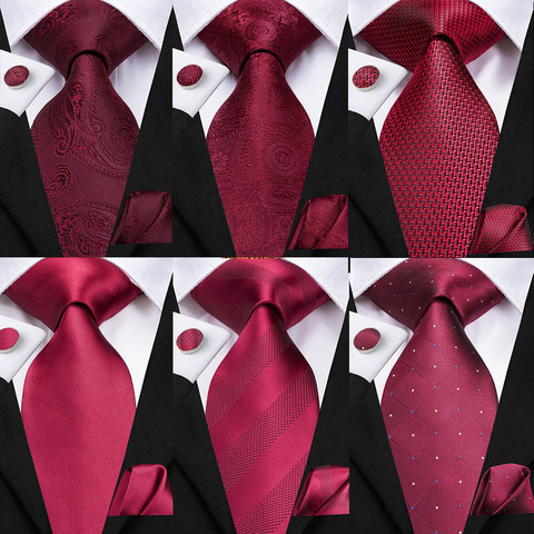 Hi-Tie hommes cadeau cravate ensemble vin rouge bordeaux Paisley soie cravate de mariage pour hommes Design de mode qualité Hanky bouton de manchette livraison directe ► Photo 1/6