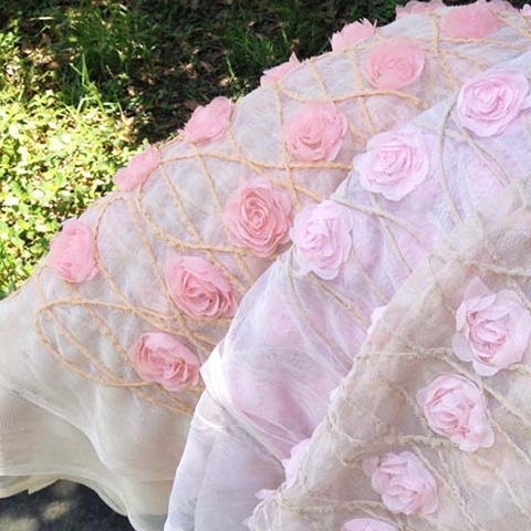 Tissu africain en dentelle et mousseline rose brodée, 3D, pour robe, vêtements de bricolage français, couture maille, Tulle, Patchwork ► Photo 1/6