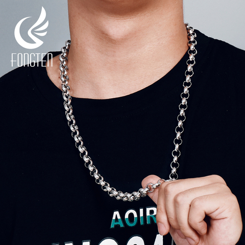 Fongten-collier pour hommes, chaîne à maillons ronds couleur argent, acier inoxydable, chaînes longues Hip-Hop, colliers de mode pour hommes, bijoux ► Photo 1/6