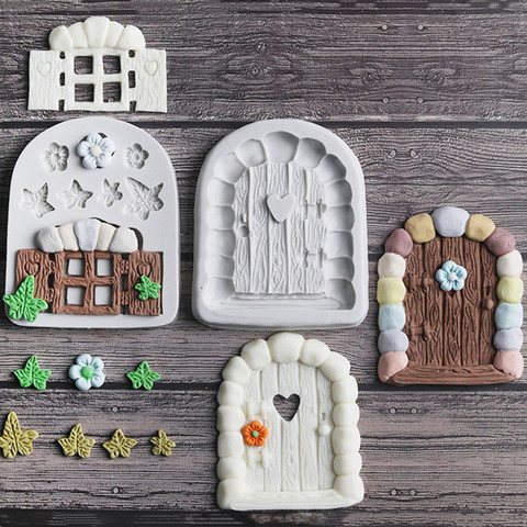 Moule à chocolat en silicone pour gâteau féerique, Fondant, porte fenêtre, panier à fleurs, feuilles, champignon, herbe, gâteau ► Photo 1/6