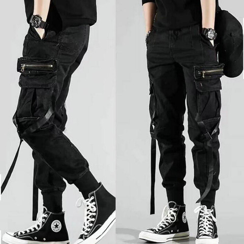 Hommes poches latérales Harem pantalon 2022 automne Hip Hop décontracté rubans Design mâle Joggers pantalon mode Streetwear pantalon noir ► Photo 1/6