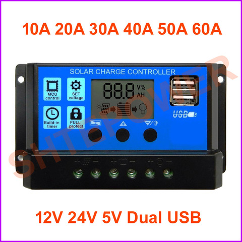 Contrôleur de Charge solaire 10a/20a/30a/40a/50a/60a, 12V/24V, régulateur automatique de Charge solaire avec PWM et sortie de 5V, chargeur LCD et double port USB ► Photo 1/6