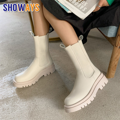 Hiver femmes Chelsea bottes noir noir Beige PU décontracté fête bureau dame bout rond talon haut rétro en peluche plate-forme mi-mollet bottes ► Photo 1/6