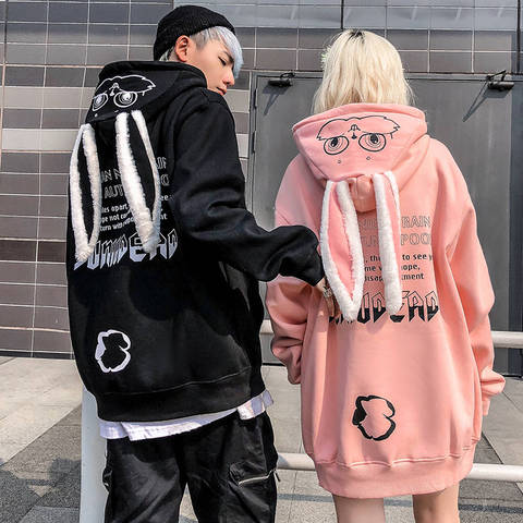 Sweat à capuche pour femme Animal beau pull Kawaii lapin sweat hauts mignon lapin graphique vêtements d'extérieur rose noir Couple à capuche filles ► Photo 1/6