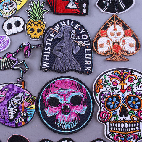 Patch Punk crâne Biker patchs de crânes mexicains pour vêtements patchs brodés sur vêtements bricolage Jean veste Rock Patch rayures ► Photo 1/6