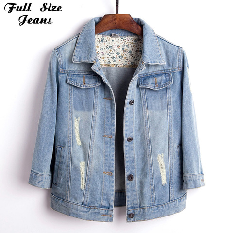 Femmes Plus Taille Recadrée Jean Veste Bleu Clair Bomber Court Denim Vestes Jaqueta Occasionnel Déchiré Jeans Manteau 3/4 Manches 4XL 5XL ► Photo 1/6