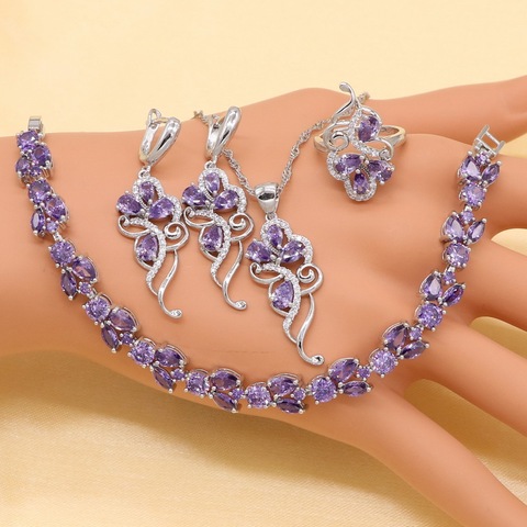 Ensemble de bijoux en argent Sterling de dubaï pour femmes, Bracelet en zircone cubique violette, boucles d'oreilles géométriques/pendentif/collier/bague, cadeau gratuit ► Photo 1/1