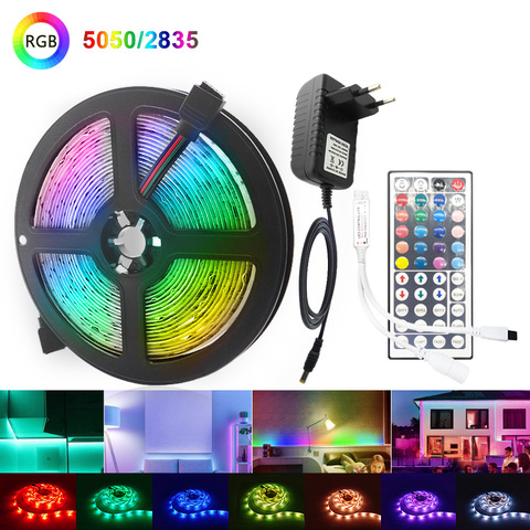 LED bande lumineuse RGB 5050 2835 ruban Flexible 12V led bande 5M 10M 15M Diode de bande étanche + télécommande IR + adaptateur secteur ► Photo 1/6