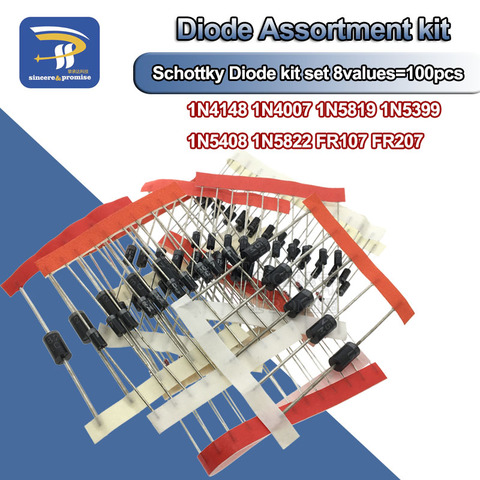 Commutation rapide Diode Schottky Assorties kit bricolage ensemble 1N4148 1N4007 1N5819 1N5399 1N5408 1N5822 FR107 FR207, 8 valeurs = 100 pièces ► Photo 1/6