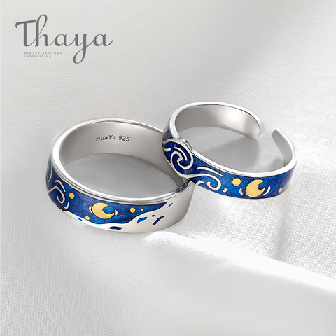 Thaya véritable Van Gogh's émail anneaux bijoux 925 argent paillettes cerf ciel or lune étoile toile bague romantique pour les femmes ► Photo 1/6